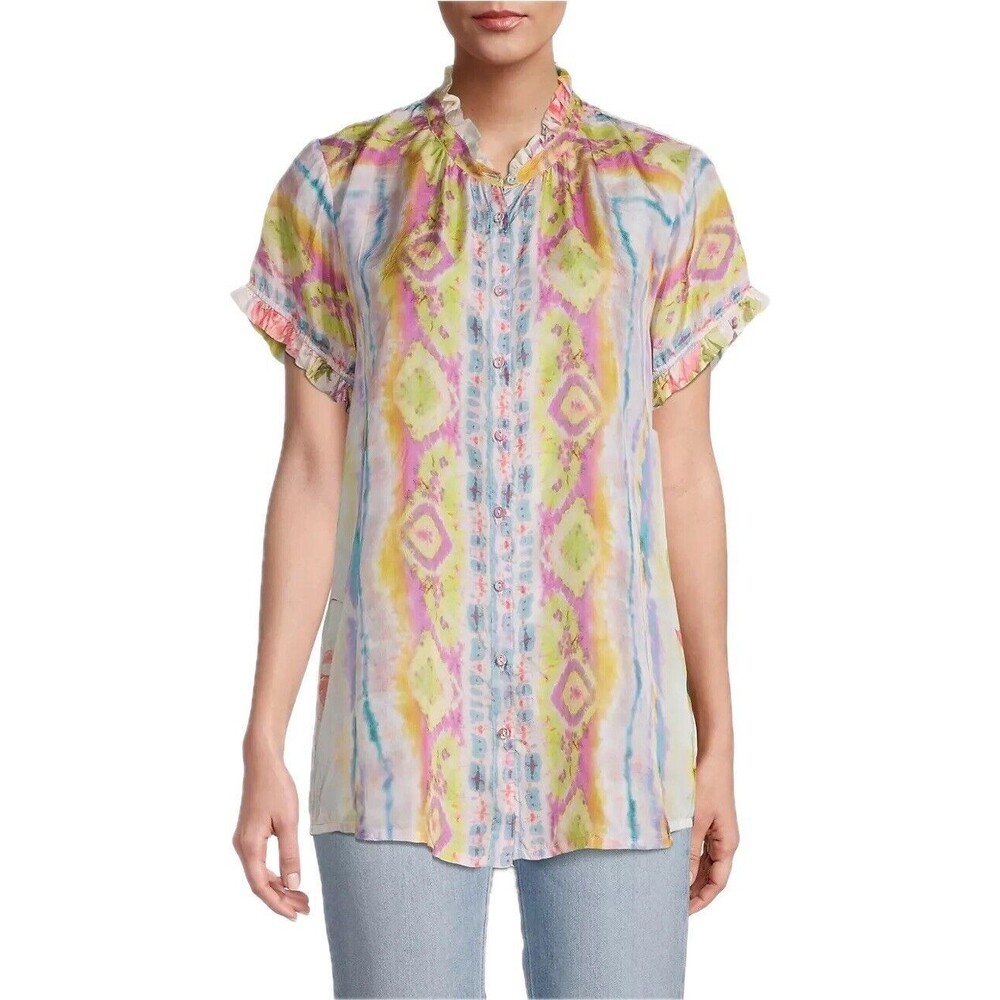 F. Johnny Was Silk Top 1X Multicolor Blouse Cap Sleeve V Neck Button NWT $280